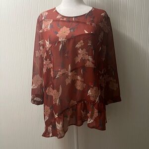 Floral Sheer Women's Top - Burnt Orange Color